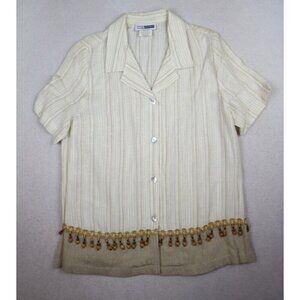 WOMEN'S BEIGE STRIPED SHORT SLEEVE BUTTON-UP TOP - CM SHAPES - BEADED FRINGE PM